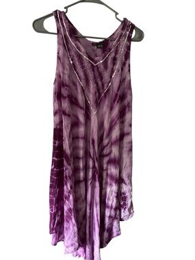 Creations Boho Tie‑Dye Dress – Purple – Embroidered V‑Neck – Flowy Sleeveless Fi